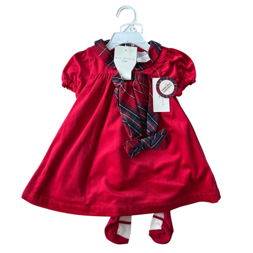 MAX STUDIO BABY Girls Red Plaid Lined Christmas Dress Tights & Headband Set 3-6‎